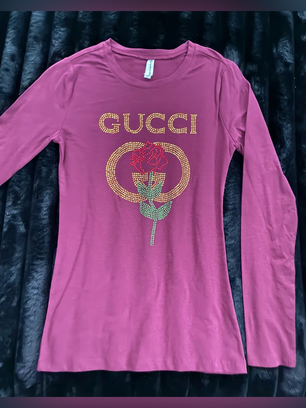 Women’s Gucci studded Burgundy Rose Long Sleeve Tee Size S